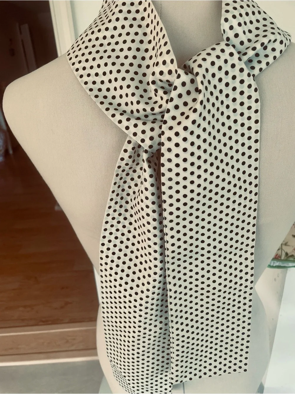 Tie/ Scarf Cream with Black Polka Dots  3 3/4 X 60 inches Vintage